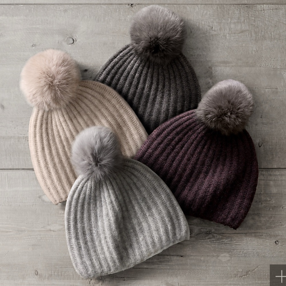 Restoration Hardware Grey RIBBED CASHMERE BEANIE WITH FUR POM-POM